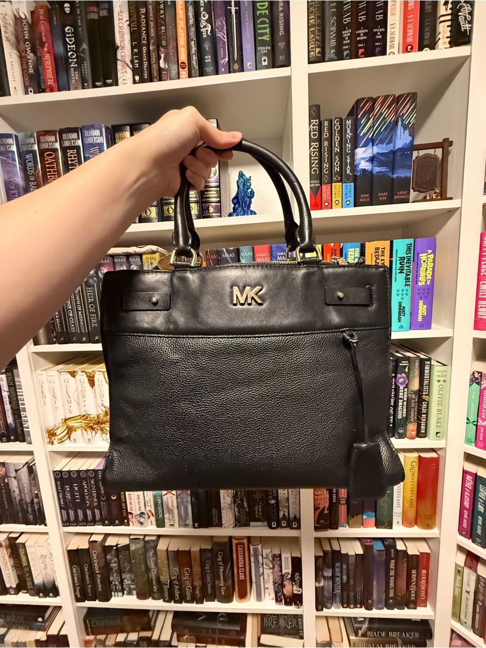 Michael Kors Black Leather Tote with Gold MK Logo